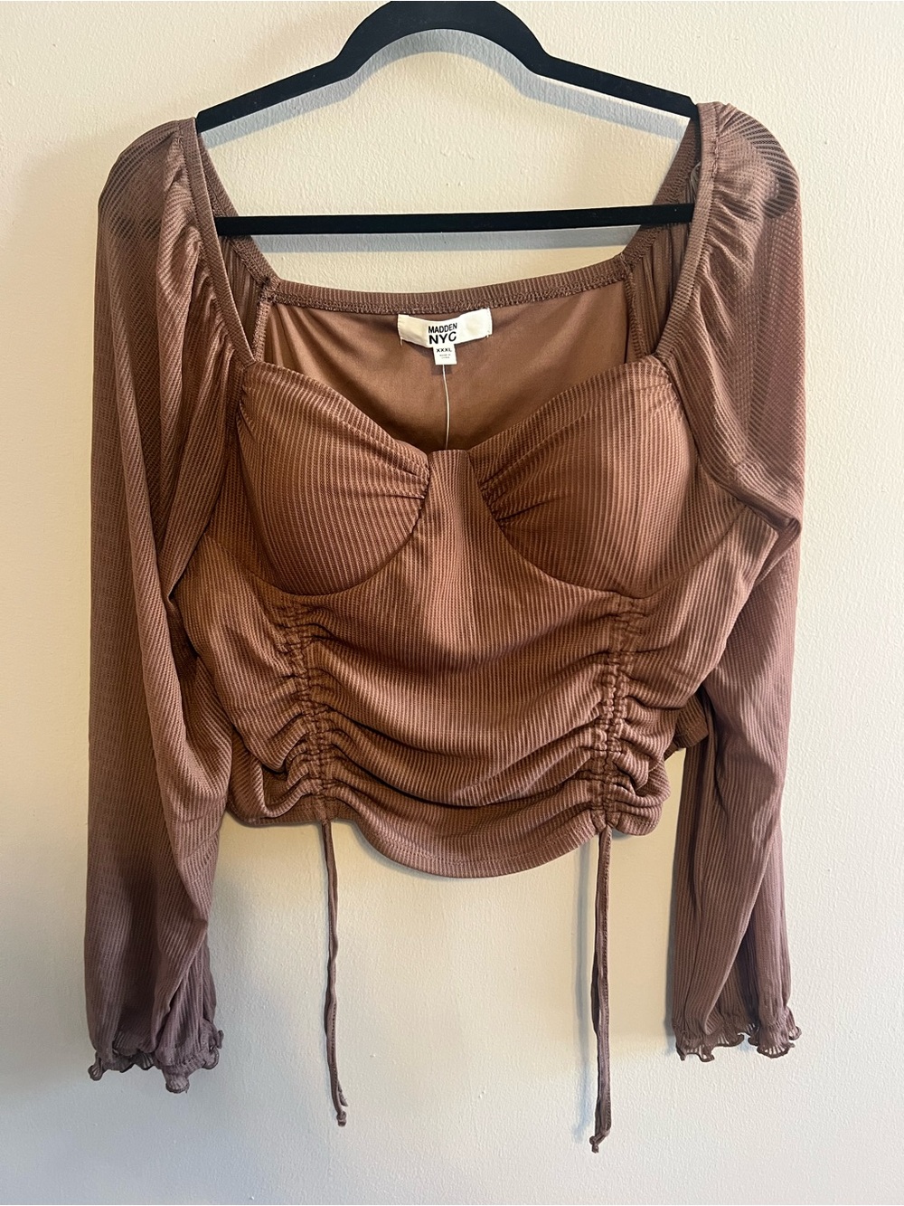 NWT! Madden NYC Brown Ruched Bustier Long-Sleeve Crop Top | Woman’s 3X